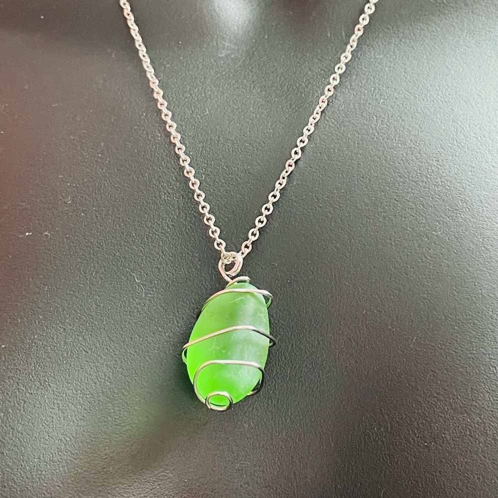 Green Sea Glass and Silver Necklace